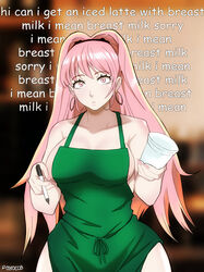 1girls apron apron_only bare_shoulders big_breasts breasts ceroccb cup curvy earrings english_text fire_emblem fire_emblem:_three_houses hairband highres hilda_valentine_goneril holding holding_cup holding_pen hoop_earrings iced_latte_with_breast_milk jewelry large_breasts long_hair looking_at_viewer meme nail_polish naked_apron nintendo pen pink_eyes pink_hair pink_nails ponytail shocked shoulders sideboob solo starbucks_siren stunned_silence surprised text thick_thighs thighs very_long_hair wide_hips