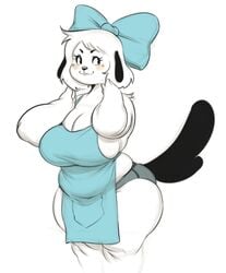 1girls apron ass big_breasts booty_shorts breasts canid canine canis chubby chubby_female clothed clothing female female_only fur furry furry_only mostly_clothed pepper_(puppychan) puppychan shorts skindentation standing tail thick_thighs vondran white_fur wide_hips