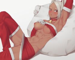 1girls abs animal_ears arms_up bare_shoulders bell_choker blush breasts bunny_ears choker christmas dark-skinned_female dark_skin fur_trim gloves hand_on_own_chest hi_res long_eyelashes long_hair looking_at_viewer looking_to_the_side lying medium_breasts midriff miniskirt miruko muscular_female my_hero_academia navel nipples no_panties on_back pencil_skirt pillow putcher red_choker red_eyes red_legwear red_skirt rumi_usagiyama santa_costume short_hair skirt solo thick_thighs tight_skirt underboob upskirt white_gloves white_hair