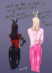 1boy 1girls 2020 absurd_res ass back big_ass black_hair both_sexes_in_same_situation bow bunny_boy bunny_ears bunny_girl bunny_tail clothed clothing curly_hair english_text facing_away fake_animal_ears fake_tail female femboy funny_valentine grey_background guard_(artist) hair_ribbon hand_on_hip highres husband_and_wife jojo's_bizarre_adventure long_hair long_ponytail male pants pink_clothing ponytail ribbon scarlet_valentine shirt simple_background standing steel_ball_run tail take_your_pick talking_to_viewer text thigh_gap thighs tied_hair tight_clothing