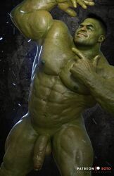 1boy 3d 3d_(artwork) abs balls ballsack bara big_biceps big_muscles flaccid_penis flexing foreskin freckled_skin green-skinned_male green_body green_eyes green_skin hulk hulk_(series) human intact male male_focus male_nipples male_only mark_ruffalo marvel marvel_cinematic_universe monster muscular_male nude_male partially_retracted_foreskin pecs penis scrotum smooth_skinned_male solo soto testicles thick_thighs uncut veiny_penis