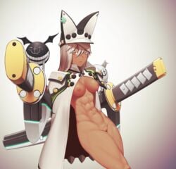 1girls abs arc_system_works bottomless breasts dark-skinned_female female guilty_gear guilty_gear_xrd hat inverted_nipples looking_at_viewer oversized_object pussy putcher ramlethal_valentine sword toned_female