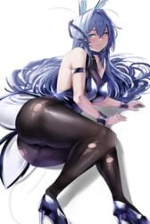 1girls animal_ears ass azur_lane black_legwear blue_eyes blue_hair blush bodysuit breasts collarbone female female female_focus female_only hair_intakes high_heels highres large_breasts leotard long_hair looking_at_viewer lying new_jersey_(azur_lane) new_jersey_(exhilarating_steps!)_(azur_lane) official_alternate_costume on_side pantyhose playboy_bunny rabbit_ears sebakanken sidelocks simple_background smile solo solo_female solo_focus strapless strapless_leotard torn_clothes torn_legwear very_long_hair white_background wrist_cuffs