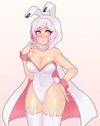 ami ami_(gwain_saga) big_breasts blushing bunny_ears bunnysuit geoexe gwain_saga kimo_chi pink_hair short_hair stockings thick_thighs wide_hips