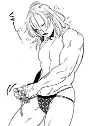 demon_slayer fundoshi hair_down kimetsu_no_yaiba kyu_717 line_art male male_only monochrome muscular muscular_male no_eyebrows sleepy solo tying underwear_only uzui_tengen yawn