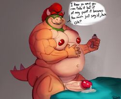 2021 anthro barazoku belly biceps big_belly big_muscles big_nipples big_penis bodily_fluids bottle bowser cum dialogue english_text erection eyebrows gay genital_fluids genitals grey_background hair holding_bottle holding_object horn huge_muscles humanoid_genitalia humanoid_penis imminent_sex koopa looking_at_viewer male male_only mario_(series) musclegut muscular muscular_anthro muscular_male navel nintendo nipples nude overweight overweight_anthro overweight_male pecs penis scalie signature simple_background smile solo solo_male spiked_tail spikes spikes_(anatomy) standing talking_to_viewer text uniparasite video_games