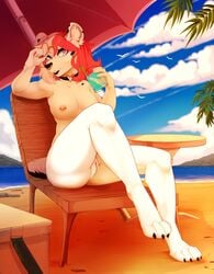 anthro beach breasts canid canine canis digital_media_(artwork) domestic_dog facial_piercing female genitals hair hakkids2 hi_res mammal multicolored_hair nipple_piercing nipples nose_piercing nose_ring nude outside piercing public pussy seaside septum_piercing shaded solo two_tone_hair water white_body