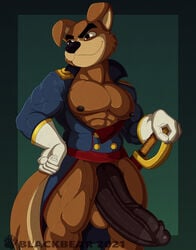 anthro balls bare_chest big_balls big_penis black_eyes blackbear bottomless canid canine canis clothed clothing disney don_karnage ducktales ducktales_(2017) erection floppy_ears genitals gloves handwear hi_res huge_cock humanoid_genitalia humanoid_penis male male_focus male_only mammal penis solo talespin wolf