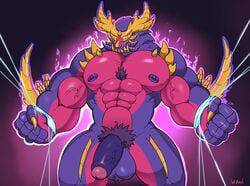 2021 abs anthro balls big_muscles capcom fanged_wyvern genitals hi_res huge_muscles magnamalo male monster_hunter monster_hunter_rise muscular muscular_male nipples nude pecs penis pink_body pubes purple_body scalie solo video_games wani_panic