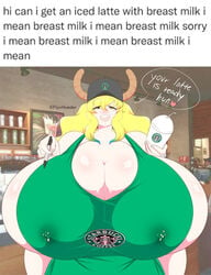 1girls alternate_breast_size apron aztec_mythology big_breasts blonde_hair breasts cleavage deity female female_only flyxthunder giant_breasts goddess horns huge_breasts hyper hyper_breasts iced_latte_with_breast_milk lactating lactation lactation_through_clothes massive_breasts meme miss_kobayashi's_dragon_maid monster monster_girl mostly_nude mythology nipple_bulge nipples public_domain quetzalcoatl_(dragon_maid) solo starbucks