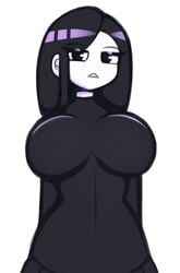 2021 arms_behind_back big_breasts black_hair black_sweater breasts curvy female female_only goth looking_at_viewer rixetog shiny_hair solo_female sweater veronica_(saltynoodles) voluptuous white_skin