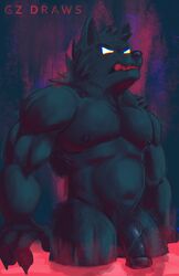 absurd_res angry anthro blue_background blue_body body_hair canid canine canis dark_body fangs foreskin fur gz_draws hi_res male mammal nipples red_fangs red_water simple_background solo were werecanid werecanine werewolf white_eyes wolf