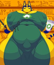 1girls 2021 animal_crossing animated ankha ankha_ride_(minus8) anthro apron barista belly ber00 breasts chubby clothing curvy erect_nipples fast_food female female_only huge_breasts huge_thighs iced_latte_with_breast_milk looking_at_viewer looking_down looking_down_at_viewer low-angle_view meme nintendo outerwear solo source_request thick_thighs thighs uniform voluptuous wide_hips