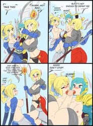 1futa 2girls armor artoria_pendragon artoria_pendragon_(fate) assisted_exposure big_breasts big_penis clothed clothing combat comic dc dc_comics defeated dialogue erection fate_(series) female fully_clothed futa_on_female futanari halberd human large_breasts light-skinned_female light-skinned_futanari light_skin mostly_nude oral_sex pale_skin penis power_girl rance_(series) skirt standing sword text torn_clothes weapon yulang_mirage zronku