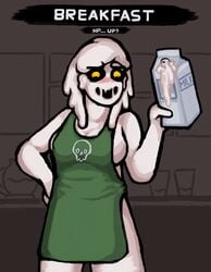 apron blush breasts delirium_(the_binding_of_isaac) female hand_on_hip iced_latte_with_breast_milk meme milk milk_carton slime slime_girl smile thatfancygent the_binding_of_isaac yellow_eyes