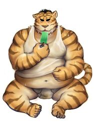 2021 3:4 anthro belly bodily_fluids bulge closed_eyes clothing felid hi_res humanoid_hands kemono male mammal meguru_salmon navel overweight overweight_male pantherine simple_background sitting solo sweat tiger underwear white_background