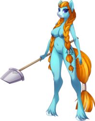 2021 alpha_channel anthro braided_hair breasts earth_pony equid equine female fetlocks friendship_is_magic genitals grey_body hair hasbro hi_res holding_object holding_shovel horse looking_at_viewer mammal my_little_pony nipples nude orange_hair pony pussy rockhoof_(mlp) rule_63 scarlet-spectrum shovel signature simple_background smile solo tools transparent_background unguligrade_anthro