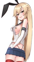 ass black_panties blonde_hair blush breasts bunny_ears grey_eyes kantai_collection legwear long_hair looking_at_viewer medium_breasts naughty_face nipple_pasties panties pasties red_legwear shimakaze_(kantai_collection) shirt_pull short_skirt showing_breasts side_view sideboob skirt small_ass tagme teliemu190 thighs white_background