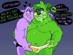 2021 4:3 anthro belly blush bulge candy clothing common_hippopotamus dessert duo english_text food green_body gummy_(food) gummy_bear gummy_bear_(food) gummybear_and_friends hippopotamid humanoid_hands lewdookami male male/male mammal moobs navel nipples overweight overweight_male purple_body simple_background text underwear ursid