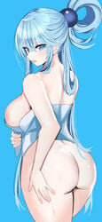 adamant369 aqua_(konosuba) ass blue_eyes blue_hair breasts female hanasaka_houcha hand_on_ass huge_ass huge_breasts kono_subarashii_sekai_ni_shukufuku_wo! towel