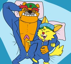 2boys anthro anthro_only bara bulldog canid canine dribble_(warioware) duo duo_focus erection felid feline furry furry_only gay glans goggles goggles_on_forehead hand_on_penis humanoid_penis jessotter_(artist) jumpsuit larger_male male male_focus male_only mario_(series) pecs penis_grab pillow shaft size_difference smaller_male spitz_(warioware) wario_(series) warioware zipper