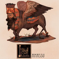 1:1 animal_genitalia beard deimos-remus facial_hair feathered_wings feathers felid genitals hi_res hooves humanoid_face lamassu male mammal monster mythological_sphinx mythology public_domain sheath solo wings