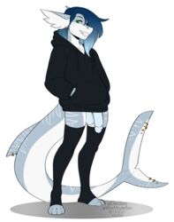 2021 alpha_channel anthro balls blue_hair bottomless clothed clothing digital_media_(artwork) fin fish genitals girly hair hi_res humanoid_genitalia humanoid_penis kittydee looking_at_viewer male marine penis shark simple_background smile solo transparent_background