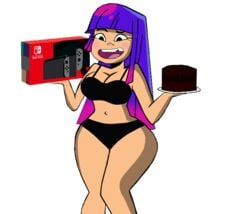 1girls black_bra black_panties blue_hair bra chocolate_cake chocolate_cake_gameboy_and_me female female_only game_console glitch_techs long_hair meme miko_kubota navel nintendo nintendo_switch panties picket_fences_(series) purple_hair reference shiftymermaid smooth_skin solo underwear video_games