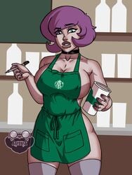 1girls aged_up apron apron_only barista big_breasts breasts busty casual choker clothing female female_focus female_only gaz_membrane goth_girl hourglass_figure human iced_latte_with_breast_milk invader_zim jzerosk large_breasts legwear meme neckwear nickelodeon outerwear pale-skinned_female pale_skin pose posing purple_hair short_hair sideboob solo standing starbucks thicc_gaz thick_thighs waitress waitress_uniform wide_hips