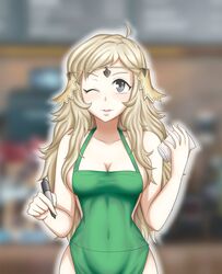 1girls ;) apron bare_shoulders bare_thighs blonde_hair breasts cleavage collarbone fire_emblem fire_emblem_fates grey_eyes hayato_stuff holding holding_cup holding_object holding_pen hourglass_figure iced_latte_with_breast_milk large_breasts lips long_hair meme naked_apron navel nintendo one_eye_closed ophelia_(fire_emblem) sideboob smile solo source_larger teenager thighs very_long_hair wink