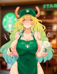 1girls apron_only areola_slip barista big_breasts blonde_hair breasts dragon dragon_girl female female_focus female_only huge_breasts iced_latte_with_breast_milk kobayashi-san_chi_no_maidragon lactation lactation_through_clothes large_breasts lucoa meme miss_kobayashi's_dragon_maid mostly_nude nipple_slip noiretox quetzalcoatl_(dragon_maid) starbucks