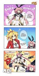 astolfo_(fate) ballbusting blonde_hair bowtie cbt fate/apocrypha fate_(series) green_eyes kicking mordred_(fate) pink_eyes pink_hair