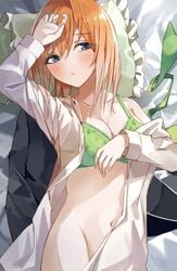 1girls bed bed_sheet bedroom_eyes blazer blue_eyes blush bob_cut bottomless bra breasts female female_only go-toubun_no_hanayome green_bra green_ribbons hand_on_head light-skinned_female nakano_yotsuba navel nel_dcm open_shirt orange_hair pillow short_hair solo white_shirt