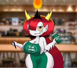 1girls areola_slip areolae bedroom_eyes breasts cleavage cup disney disney_channel disney_xd flame functionally_nude hair_over_one_eye hekapoo holding holding_cup horns iced_latte_with_breast_milk irck-mre large_breasts looking_at_viewer massive_breasts meme meme_attire naked_apron nipple_bulge oerba_yun_fang orange_eyes orange_sclera pen red_hair smile star_vs_the_forces_of_evil starbucks thick_thighs thighs white_skin wide_hips yellow_sclera