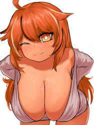 1girls bent_over big_breasts borrowed_character breasts busty cleavage curvy female freckles freckles_on_chest large_breasts leaning leaning_forward long_hair massive_breasts medley original original_character red_hair red_skin steamingtofu tan tan_skin wink