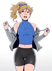 angela_(doodlepoodle) angela_palmer bangs bike_shorts blonde_hair blue_eyes borrowed_character bow dave_cheung freckles grey_hoodie happy high_ponytail hoodie midriff original ponytail smile spandex sportswear