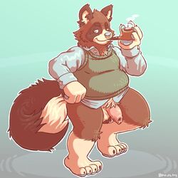 1:1 2021 anthro balls brown_body brown_fur canid canine clothing facial_piercing flaccid fur genitals hi_res humanoid_genitalia humanoid_hands humanoid_penis male mammal mature_male nose_piercing nose_ring overweight overweight_male penis piercing puppyboy raccoon_dog shirt simple_background smoking solo sweater sweater_vest tanuki topwear vest