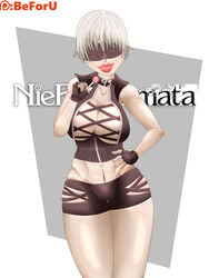 1girls 2019 big_breasts bimbo bimbofication blindfold breasts choker clothing fingerless_gloves flechitas genderswap genderswap_(mtf) light_skin lipstick lollipop looking_at_viewer nier:_automata revealing_clothes rule_63 short_hair solo solo_female thick_thighs white_hair white_skin yorha_9s