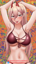 1girls armpits arms_up baileymcpatty big_breasts bikini blonde_hair breasts chainsaw_man demon demon_girl female happy_female horns horny_female large_breasts long_hair power_(chainsaw_man) sharp_teeth solo upper_body