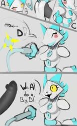 anthro big_breasts blue_hair blush closed_eyes comic deltarune dialogue disembodied_hand disembodied_penis duo female fozuna genitals hair hi_res humanoid machine male no_pupils one_eye_closed penis penis_silhouette robot shocked silhouette slit_dress tasque_manager_(deltarune) video_games whip white_body wink yellow_sclera