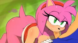 accessory all_fours amy_rose anthro ass blue_body blue_fur blush bodily_fluids bottomless breasts clothed clothing duo fellatio female fur gloves green_eyes hair_accessory hairband handwear hi_res jammiez male male/female oral outside penile pink_body pink_fur saliva sega sex sonic_(series) sonic_the_hedgehog sweat