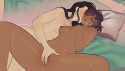 2girls asami_sato ass avatar_the_last_airbender barefoot bed bedroom black_hair blush bob_cut bottomless brown_hair canon_couple chocolate_and_vanilla closed_eyes dark-skinned_female dark_skin female female_only fingering fit_female french_kiss french_kissing hugging human ickysickly interracial_yuri kissing korra lesbian lipstick long_hair making_out medium_breasts motion_lines multiple_girls muscular muscular_female nickelodeon no_bra on_bed passionate sweat the_legend_of_korra toned upright_straddle wholesome yuri