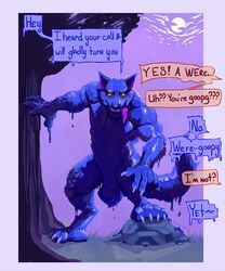 2021 anthro balls blue_body blue_fur bodily_fluids canid canid_humanoid canine canine_humanoid detailed_background dialogue digital_drawing_(artwork) digital_media_(artwork) digitigrade dripping english_text first_person_view flaccid foreskin fur genitals goo_(disambiguation) goo_creature goo_transformation humanoid_genitalia humanoid_penis koorivlf looking_at_viewer male mammal monsterification moon muscular nude open_mouth penis plant presenting rock smile smirk story text tongue tongue_out transformation tree uncircumcised uncut were werecanid werecanine werewolf yellow_eyes