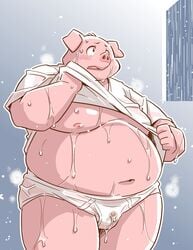 2021 anthro belly blush bulge clothing domestic_pig humanoid_hands kemono male mammal moobs navel nipples overweight overweight_male pink_body pink_nipples pink_nose raining shirt solo suid suina sus_(pig) takagi_kyou topwear wet