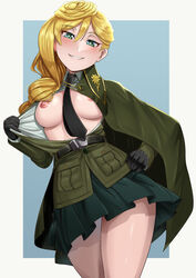 1girls blonde_hair bonple_high_school_military_uniform bonple_high_school_school_uniform breasts european flashing_breasts girls_und_panzer girls_und_panzer_ribbon_no_musha green_eyes grin jajka_(girls_und_panzer) miniskirt nico-mo open_clothes open_shirt polish skirt