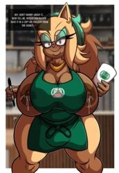 1futa absurd_res anthro apron areola barista big_areola big_breasts bodily_fluids bottomless breasts brown_body brown_hair bulge chubby_gynomorph clothed clothing cup damian_hodge dark_nipples desiree_the_hedgehog erect_nipples eulipotyphlan eyewear fan_character female futa_only futanari glasses gynomorph hair headgear headwear hedgehog hi_res huge_breasts iced_latte_with_breast_milk iced_latte_with_dick_milk intersex lactation looking_at_viewer mammal mature_gynomorph mature_intersex meme milk nipples presenting presenting_breasts sega slightly_chubby solo sonic_(series) sonic_the_hedgehog_(series) starbucks text thick_thighs wide_hips