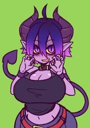 big_breasts blush breasts collar demon demon_girl demon_horns demon_tail female female_only horns imp looking_at_viewer purple_eyes purple_hair rakkuguy short_hair simple_background smile smiling smiling_at_viewer tail teasing wings