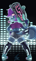 1girls anthro ass blue_body blue_eyes candy canid canine clothing dessert female food footwear fox g4rron gum hair half-closed_eyes hand_on_hip hi-rez_studios hi_res looking_at_viewer looking_back mammal narrowed_eyes paladins pepper_(paladins) purple_hair rear_view shoes short_hair solo thick_thighs weapon weapon_on_shoulder