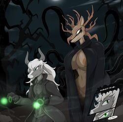 anthro antlers areola barely_visible_genitalia barely_visible_pussy bedroom_eyes big_breasts bigdon1992 bovid breasts caprine cervid cloak clothed clothing deity dialogue digital_media_(artwork) duo eon female forest fur genitals glowing glowing_eyes goat hair hi_res horn huge_breasts larger_female long_hair magic male male/female mammal mature_anthro mature_female monster narrowed_eyes night nipples plant pussy seductive size_difference smile specimen_8 spooky's_jump_scare_mansion tentacle tree video_games