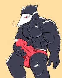 absurd_res avian bird bodily_fluids clothing deltarune genital_fluids hi_res male marshiro masturbation muscular muscular_male precum precum_through_clothing precum_through_underwear solo swatchling_(deltarune) underwear video_games wet wet_clothing